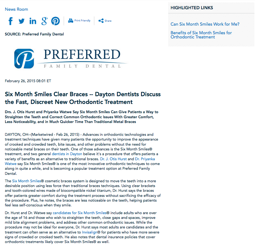 dentist,dentists,dayton,six month smiles,clear,braces,orthodontic,treatment,preferred family dental,dr,j Otis hurst,priyanka watwe